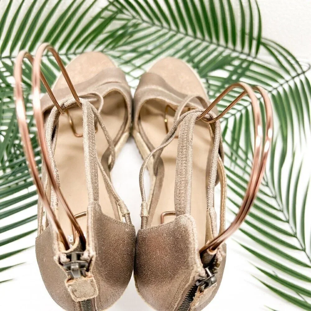 Eileen Fisher Wanda Metallic Nude Strappy Espadrille Wedge Sandal Size 9.5 NWOB